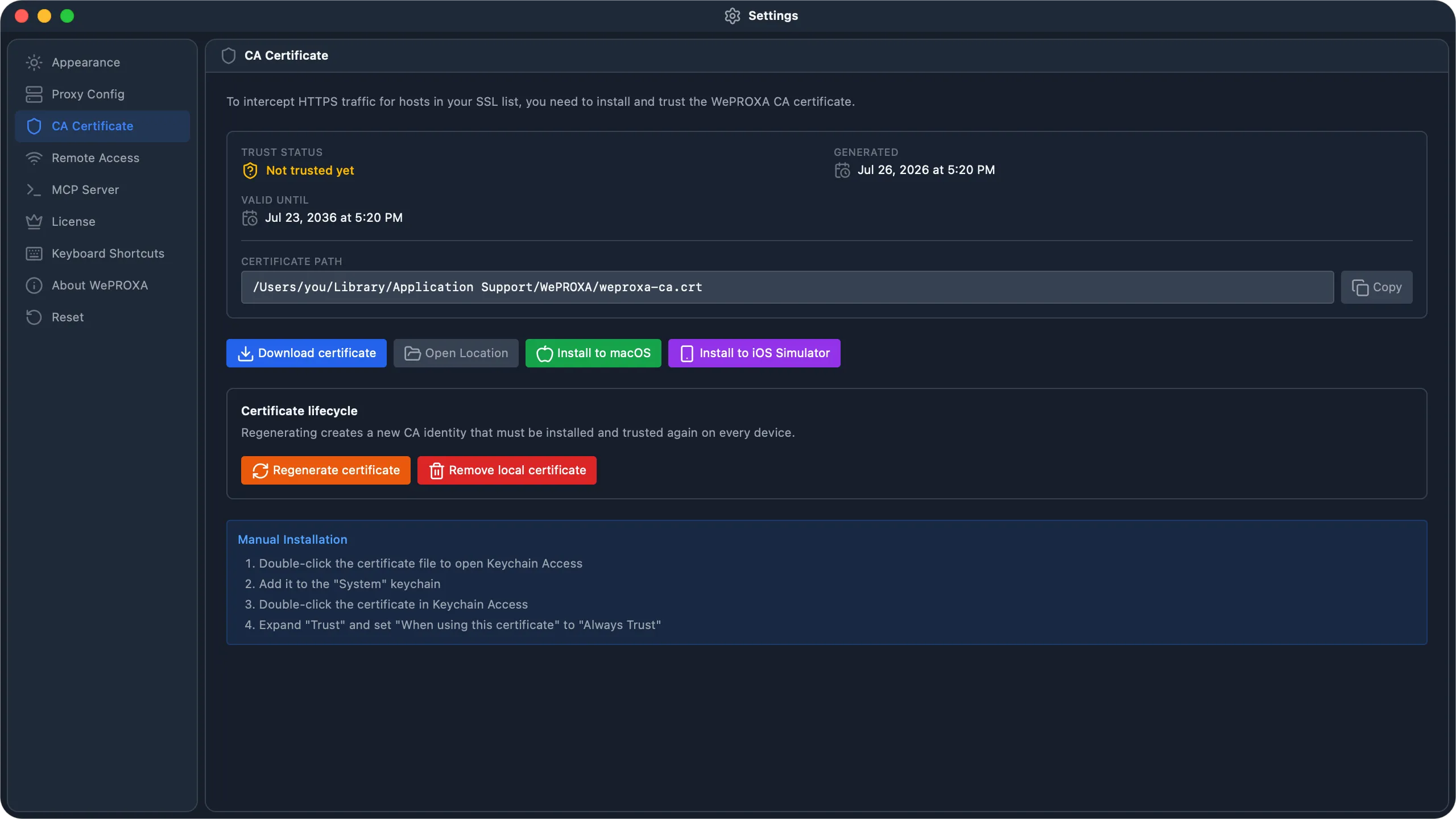 WePROXA CA Certificate settings