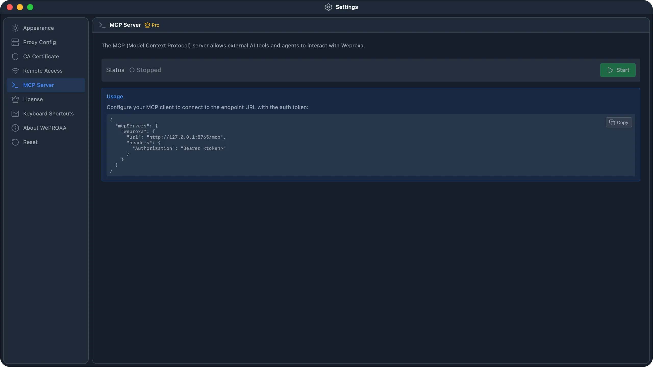 WePROXA MCP Server settings