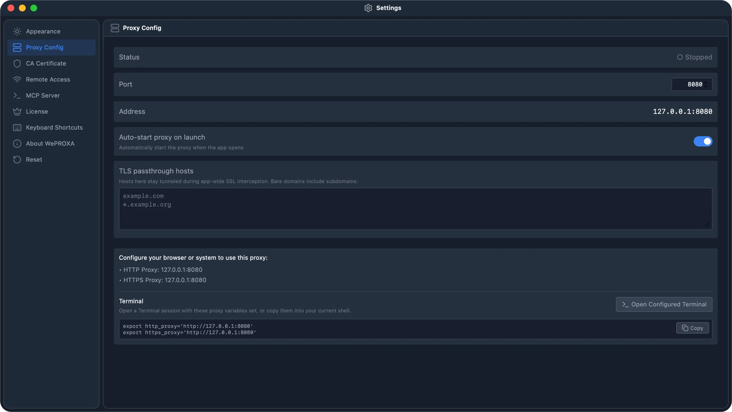 WePROXA Proxy Config settings