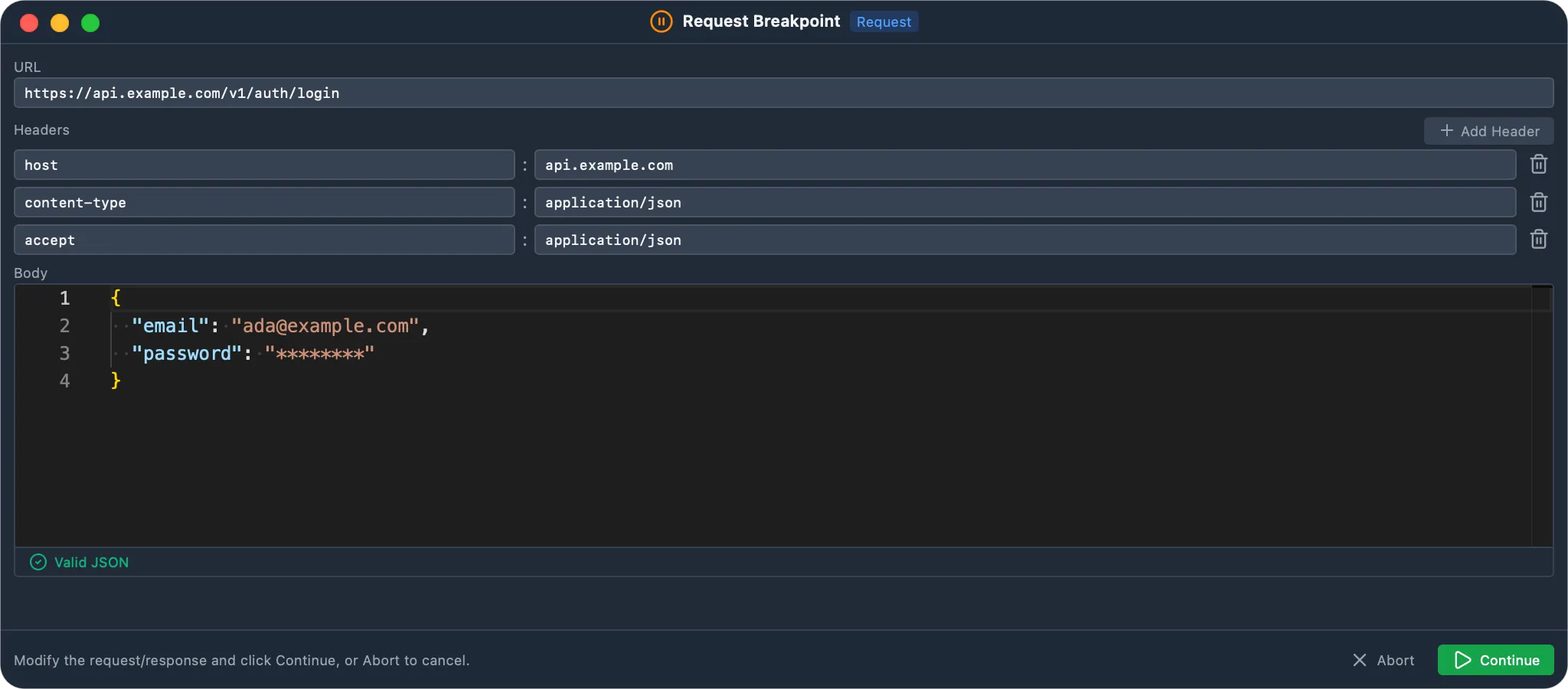 Breakpoint request editor