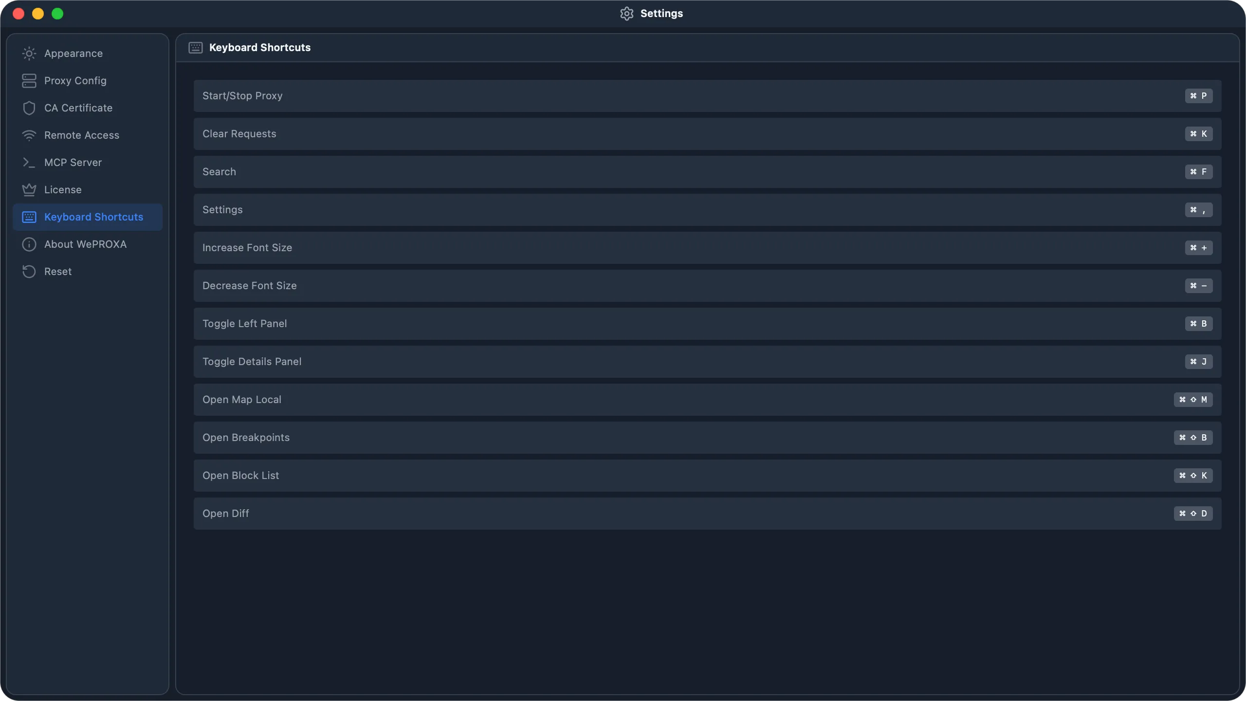 WePROXA Keyboard Shortcuts settings