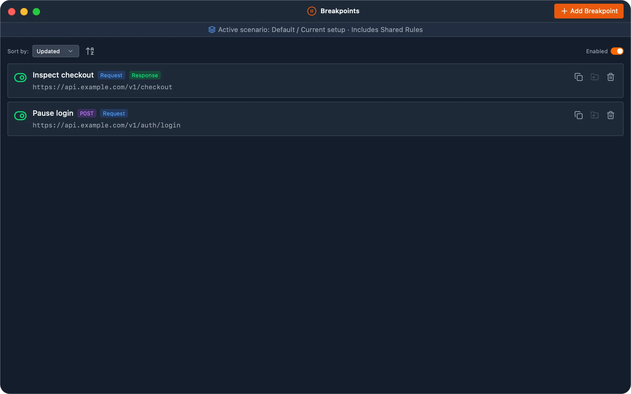WePROXA Breakpoints window