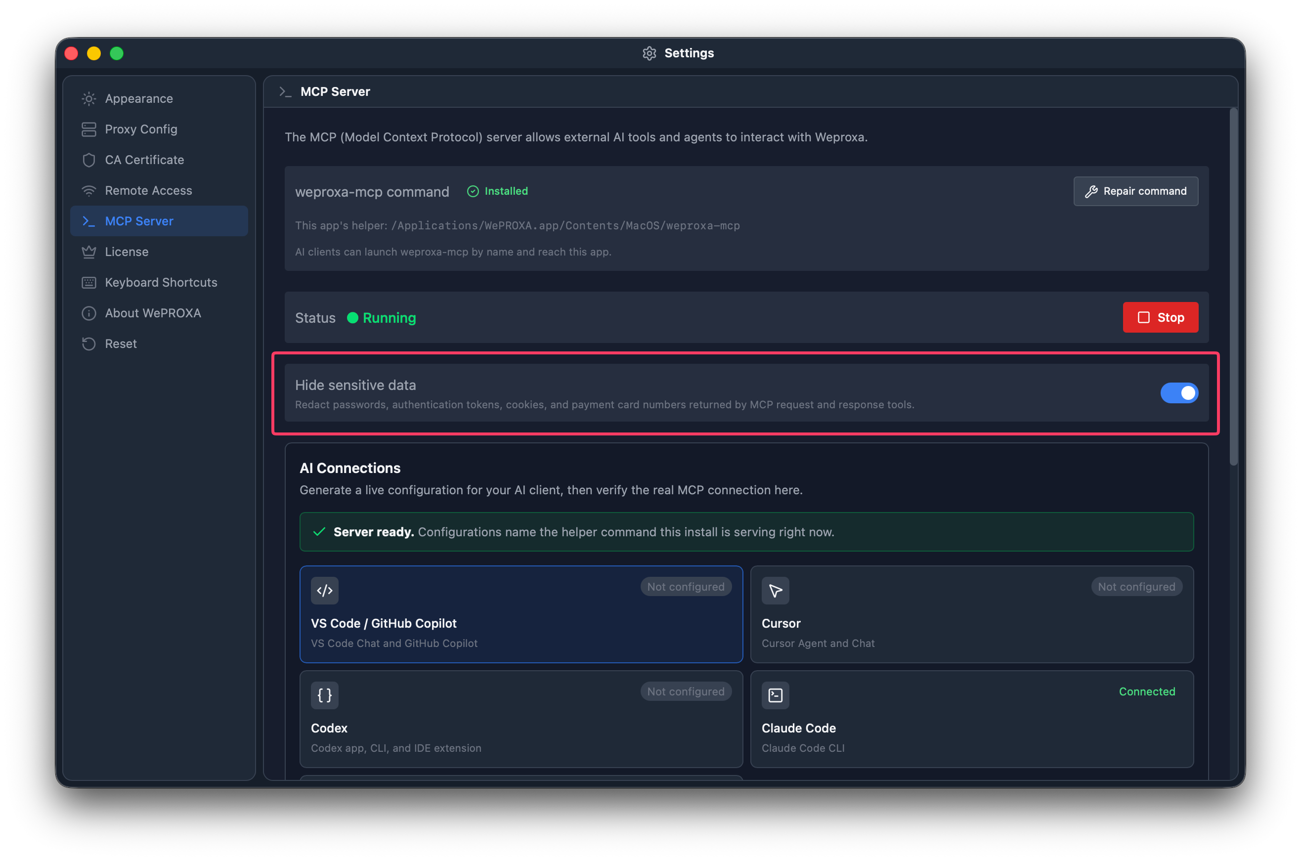 WePROXA MCP server running with sensitive-data hiding enabled