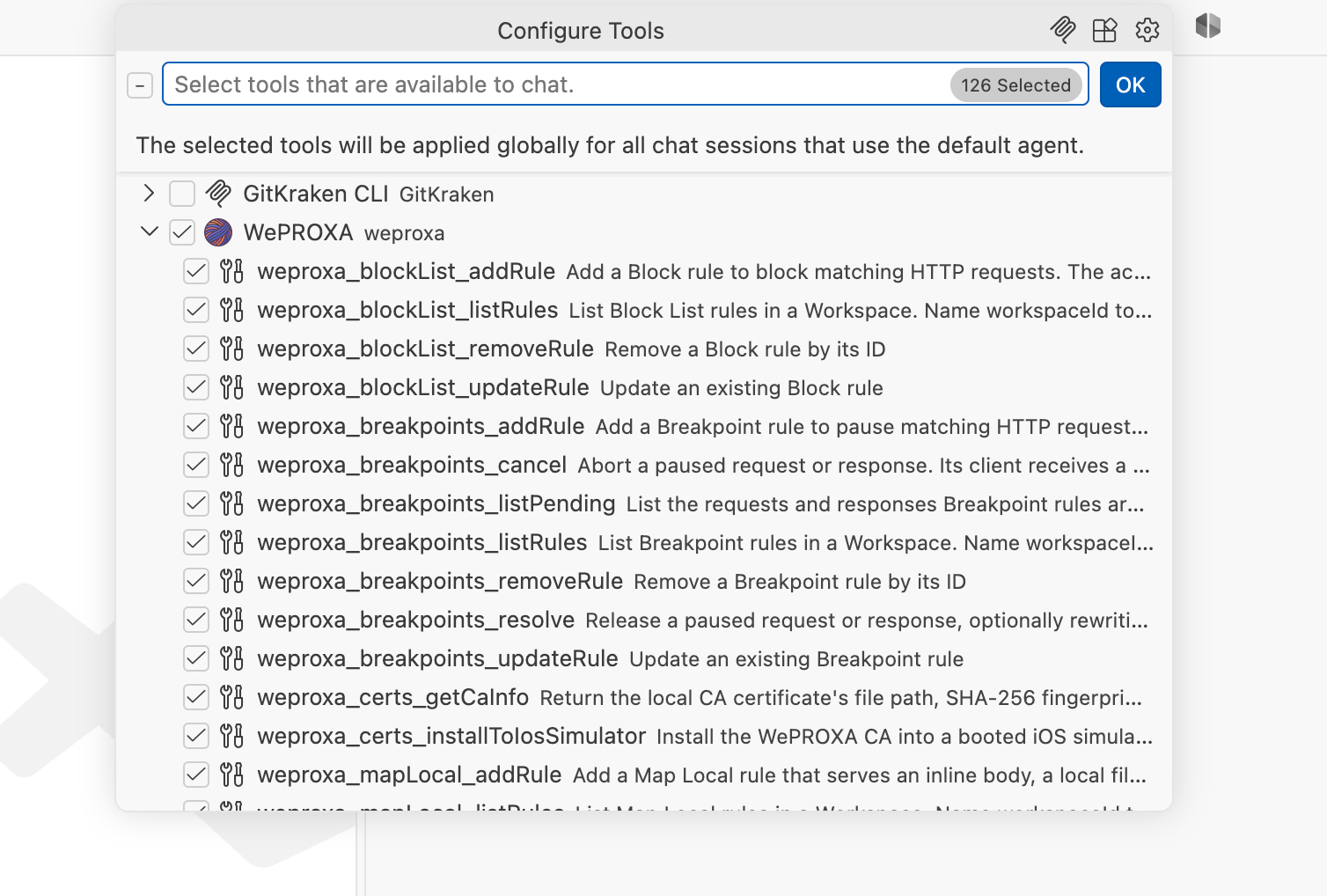 An AI client connected to WePROXA and listing its tools