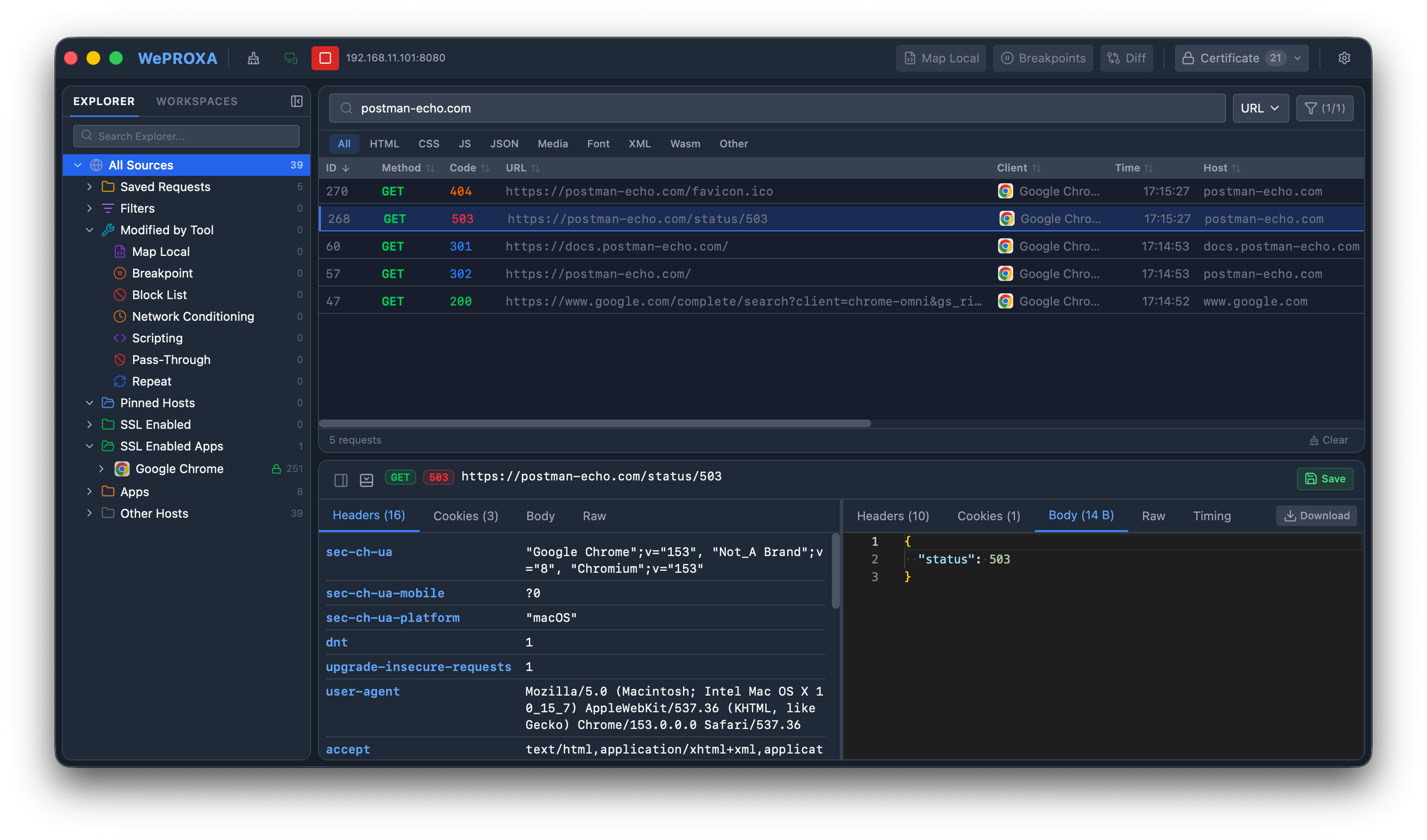 The captured Postman Echo 503 request in WePROXA