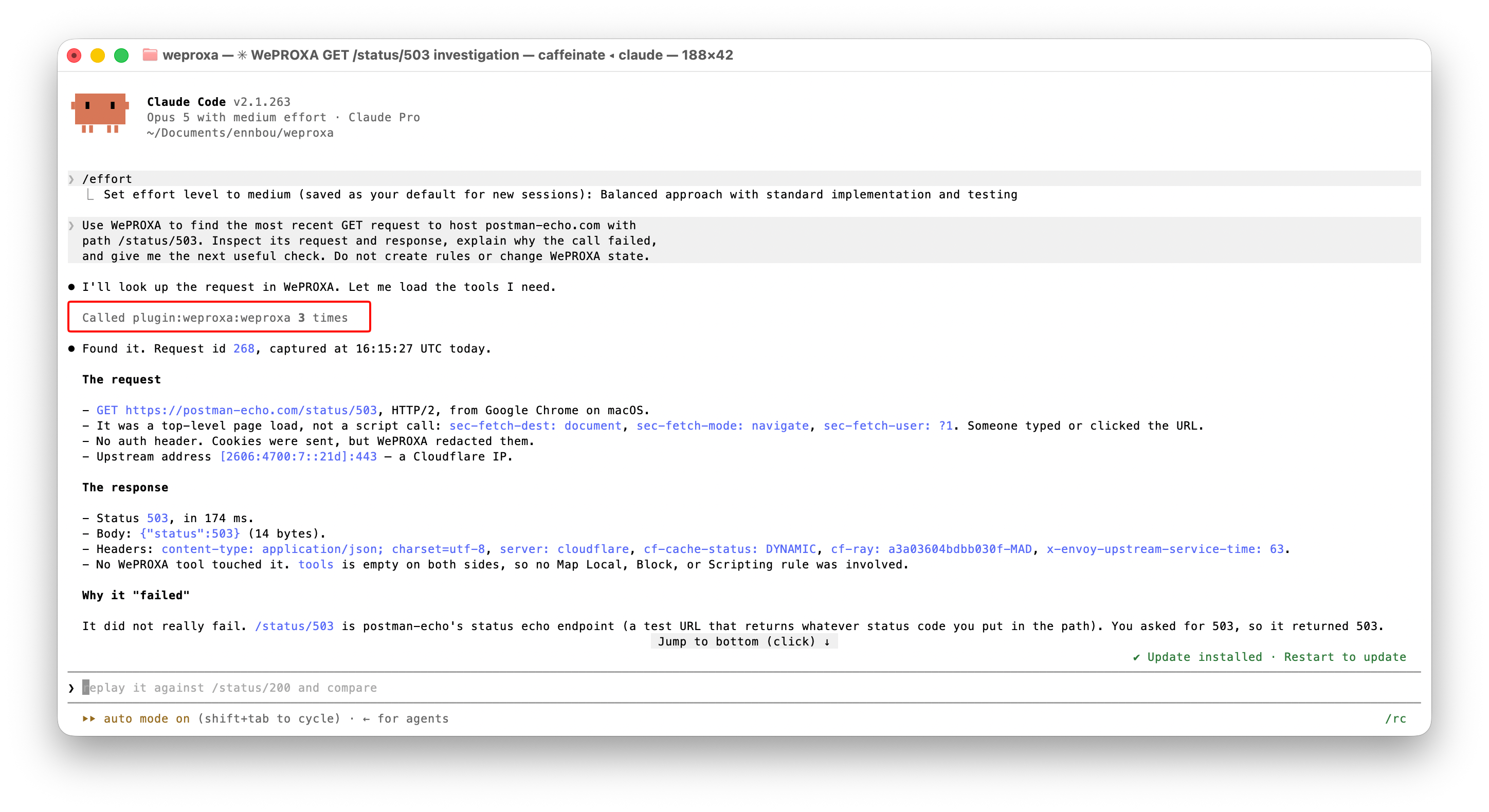The AI client’s evidence-based diagnosis of the 503 capture