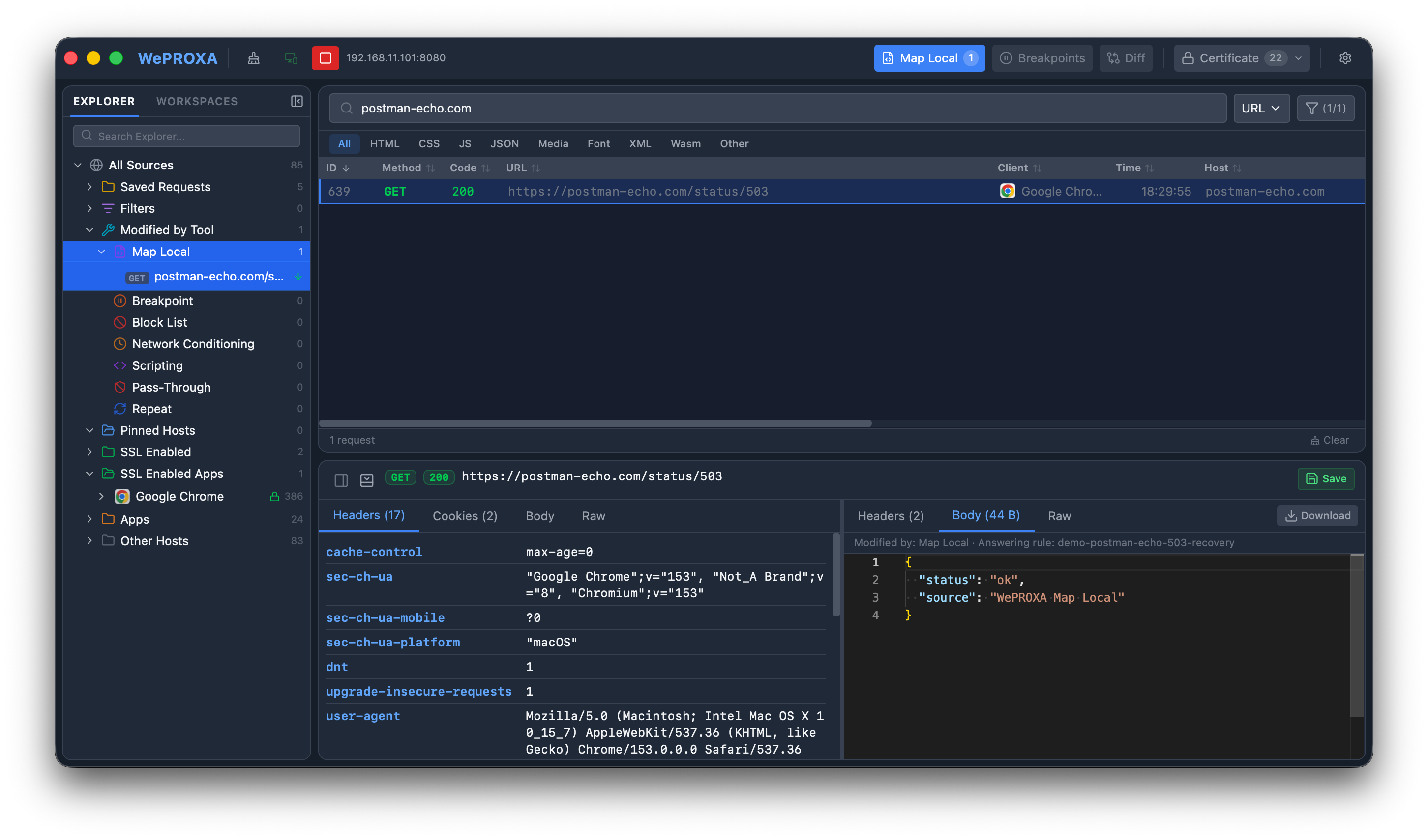 The mocked 200 response appear in WePROXA