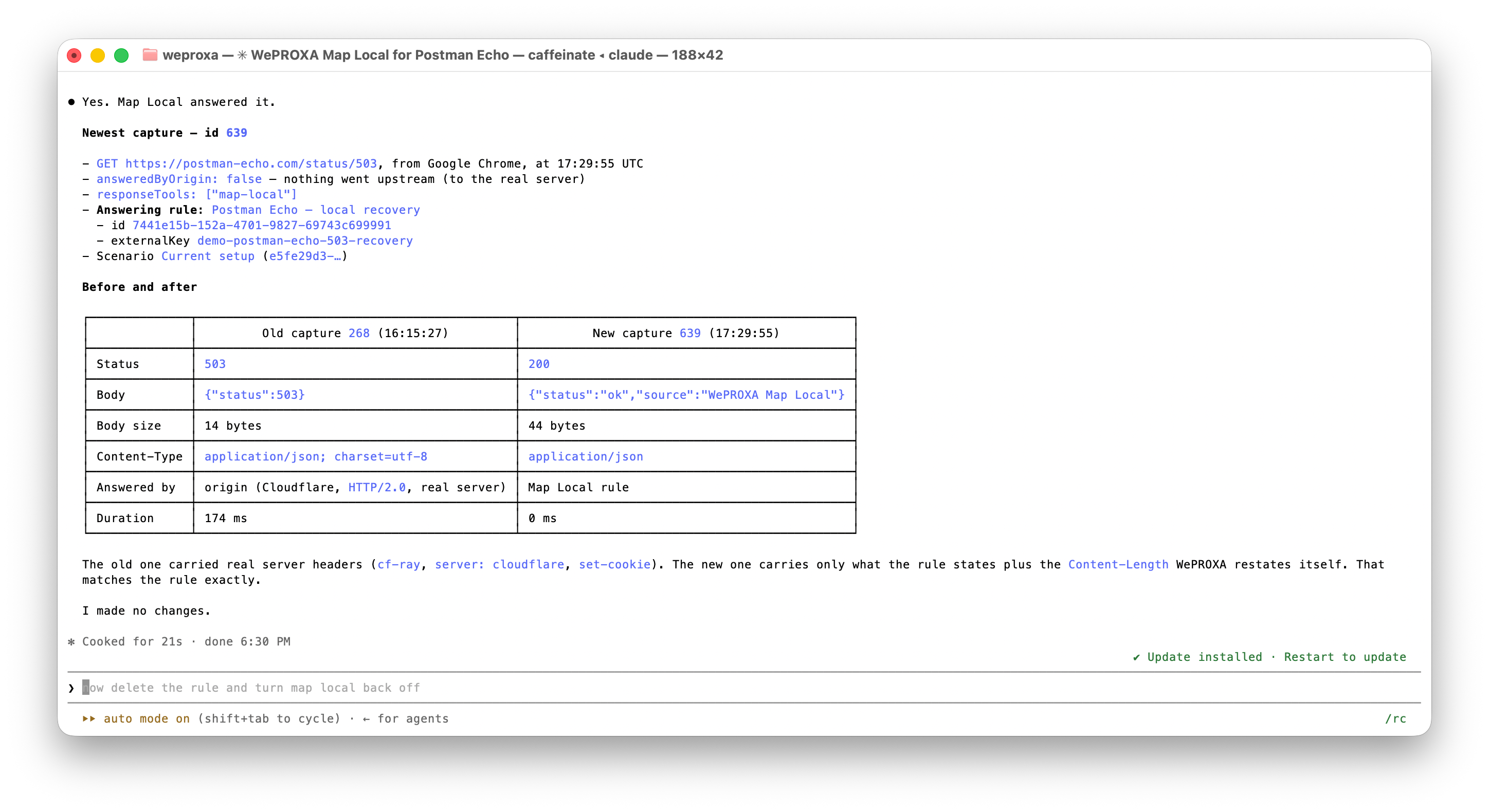 The mocked 200 response and Map Local attribution in WePROXA