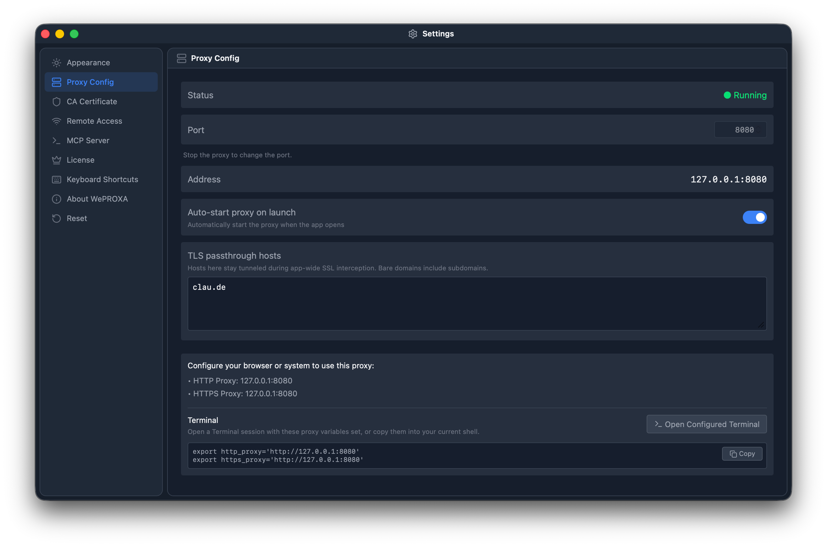 WePROXA main window with the capture proxy running