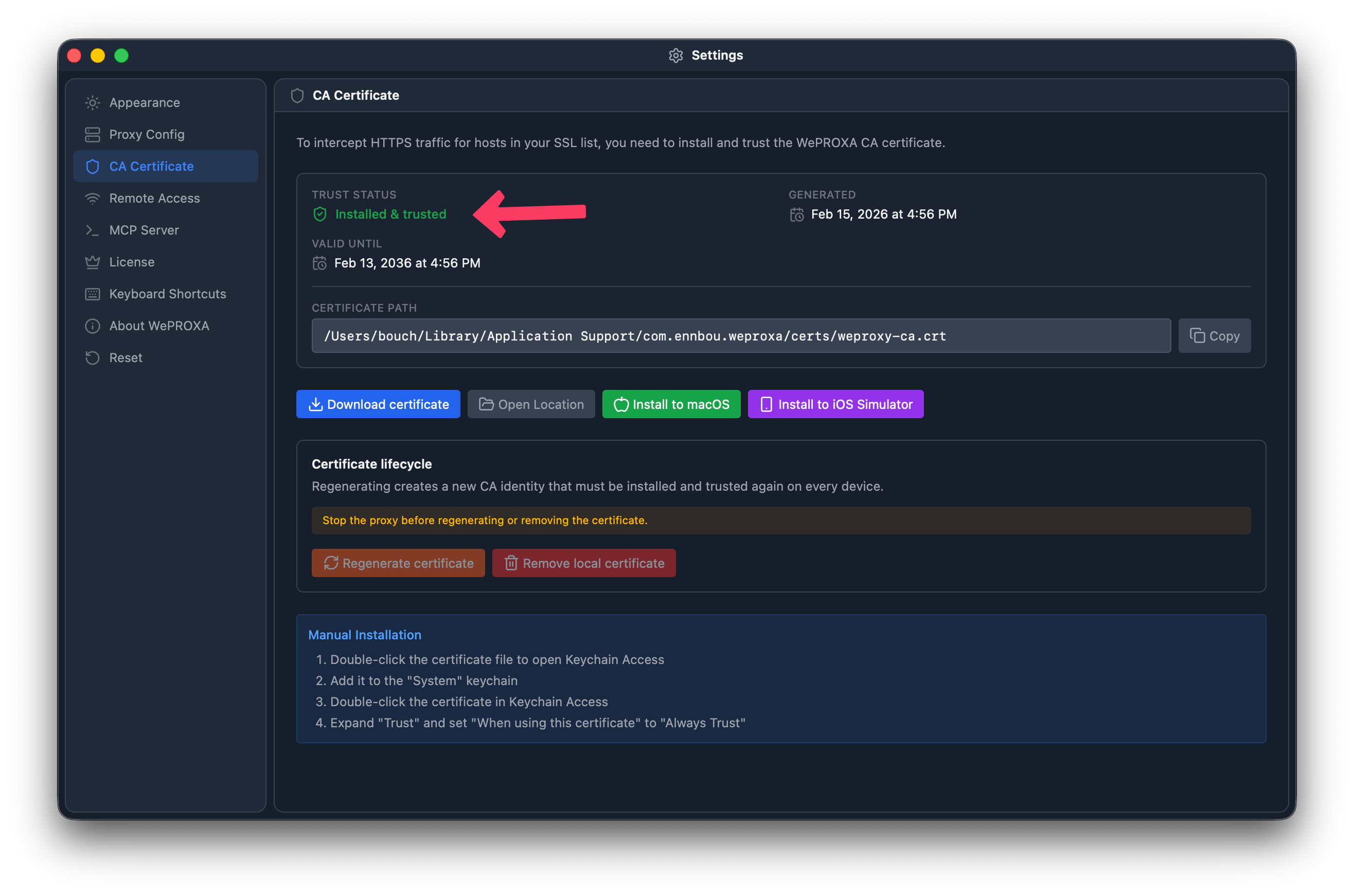 WePROXA CA Certificate settings showing a trusted certificate