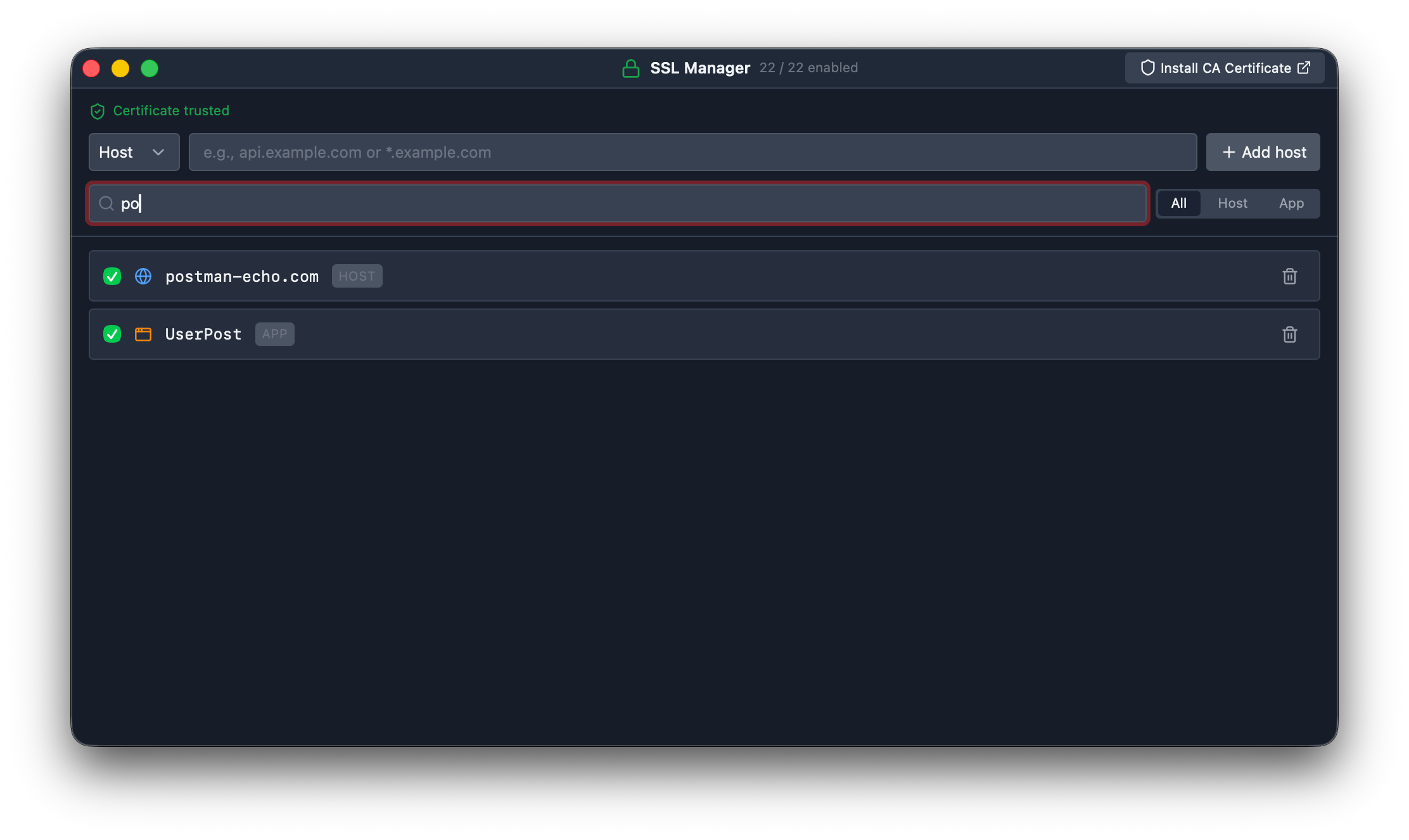 SSL interception settings with postman-echo.com enabled