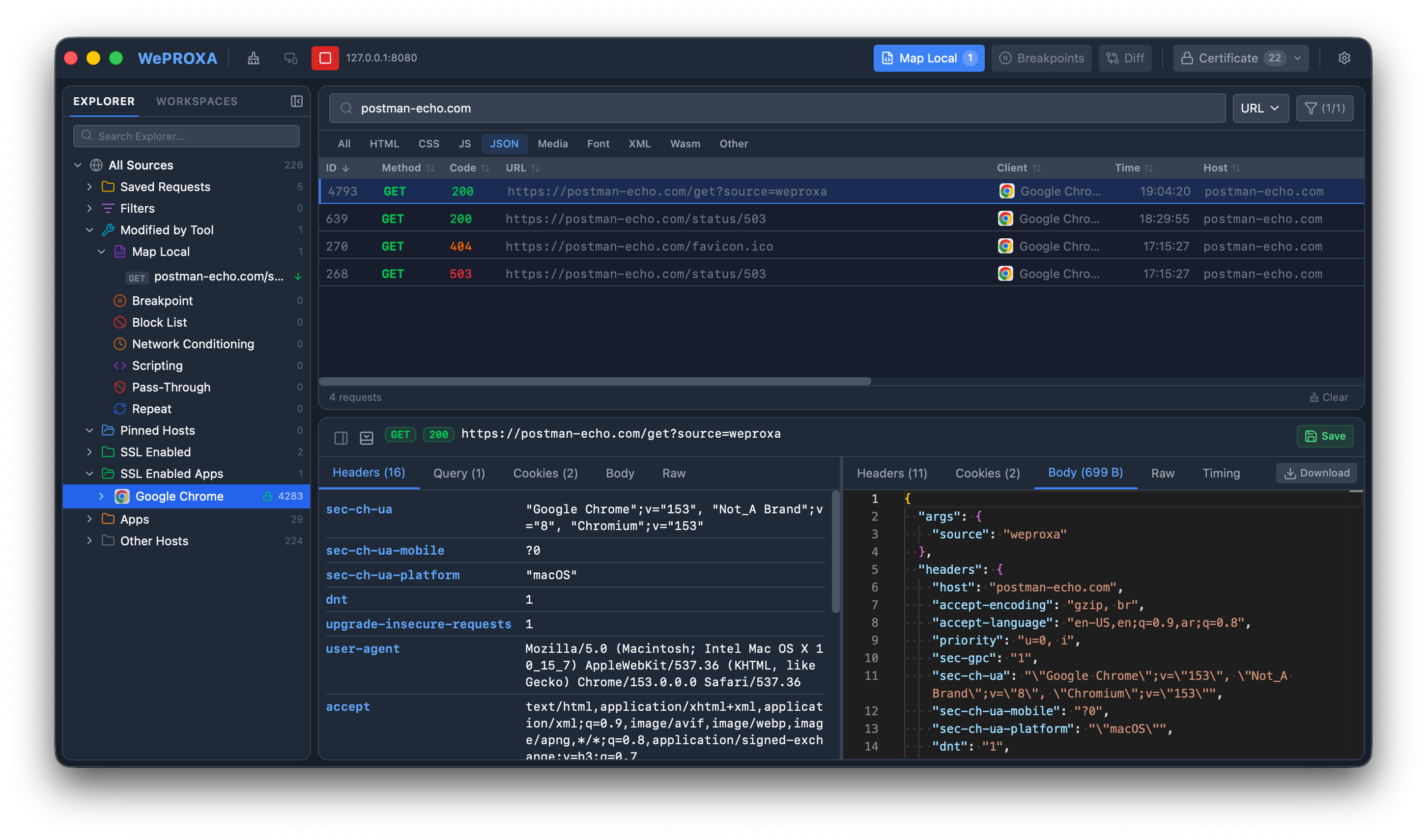 Postman Echo JSON response body displayed in WePROXA
