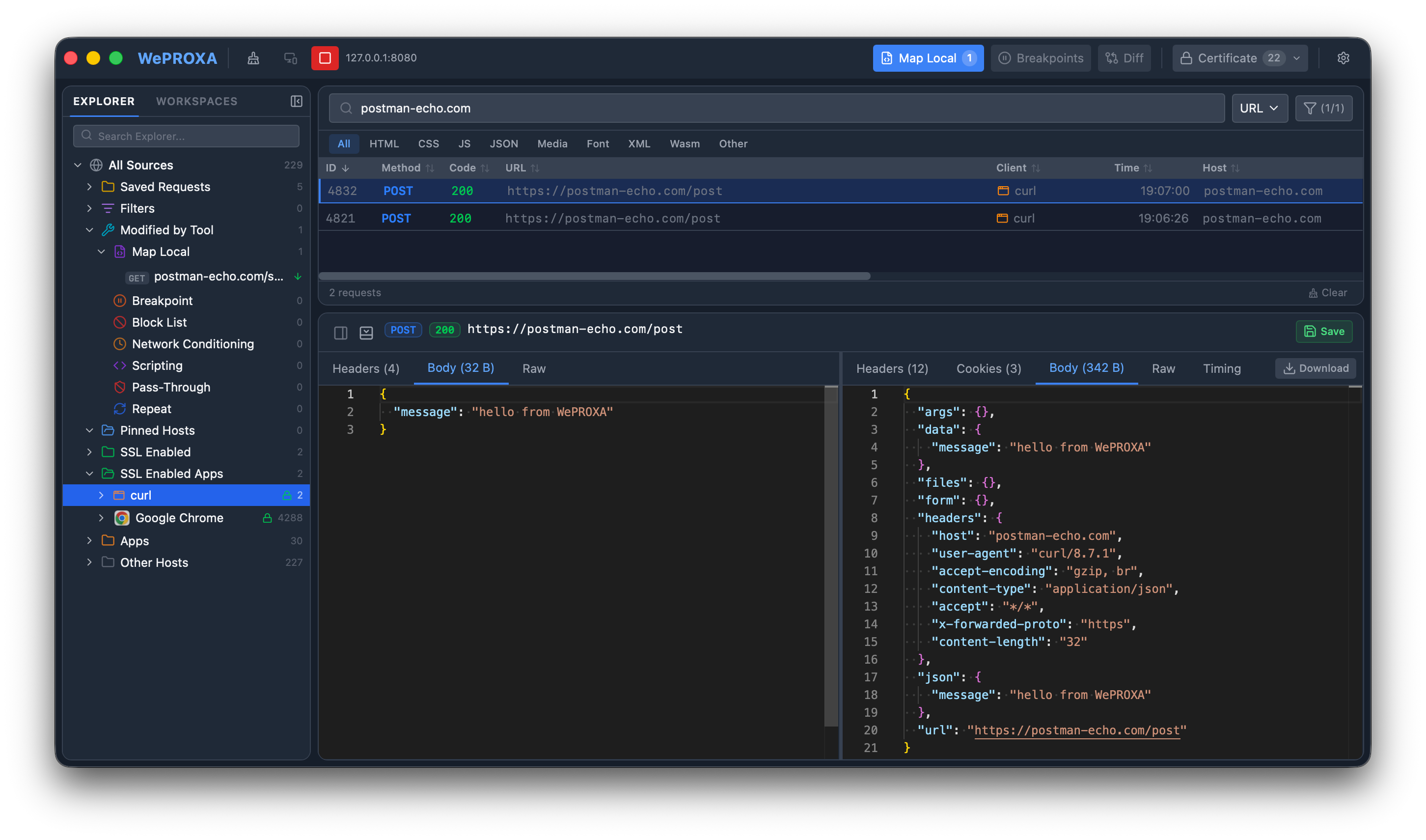 JSON request and response bodies from the captured POST request