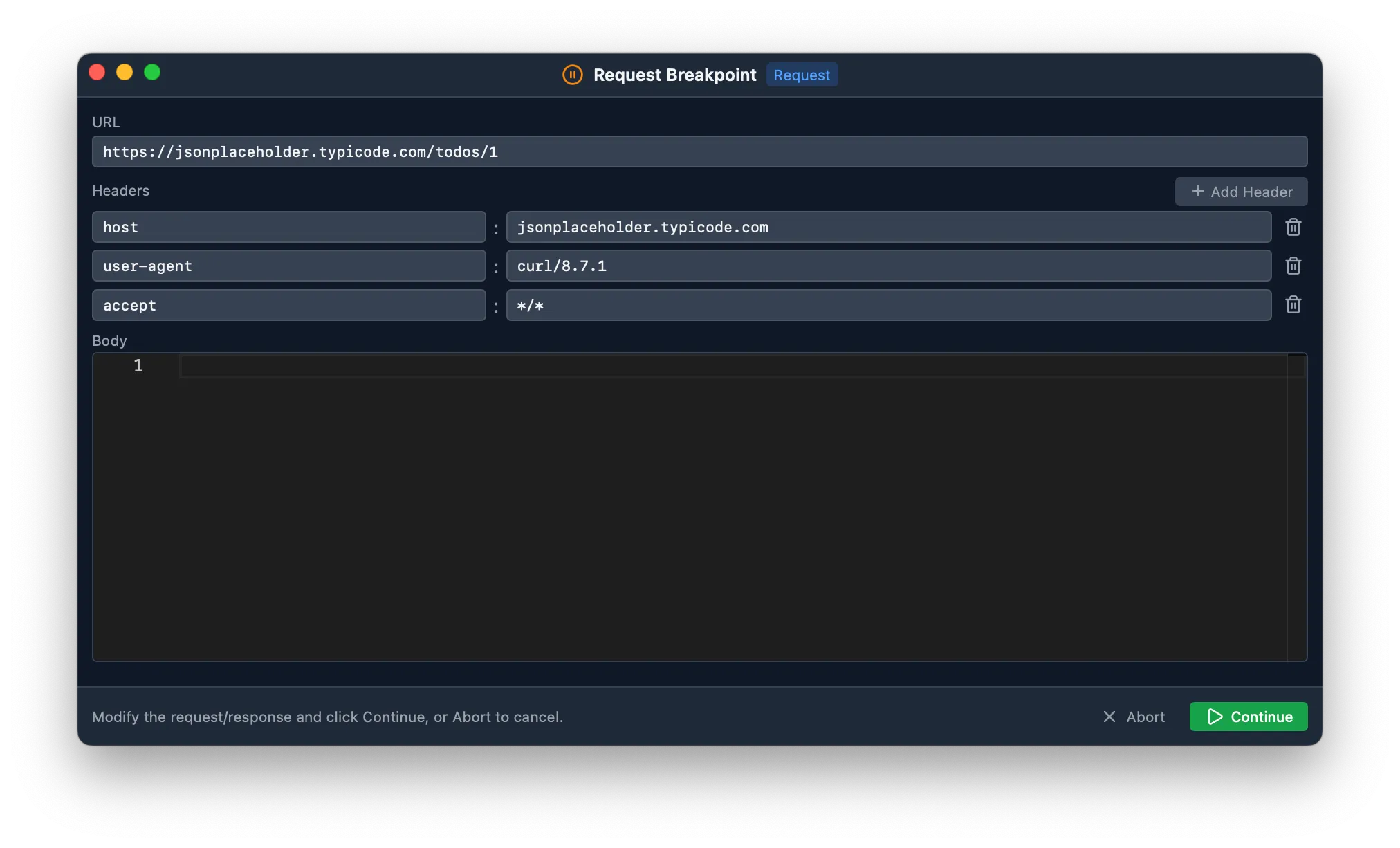 Breakpoint request editor