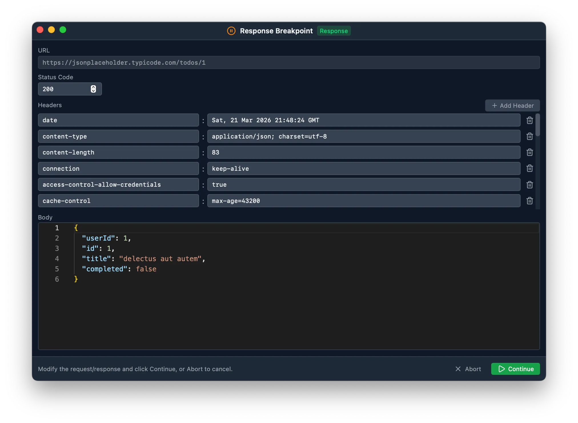 Breakpoint response editor