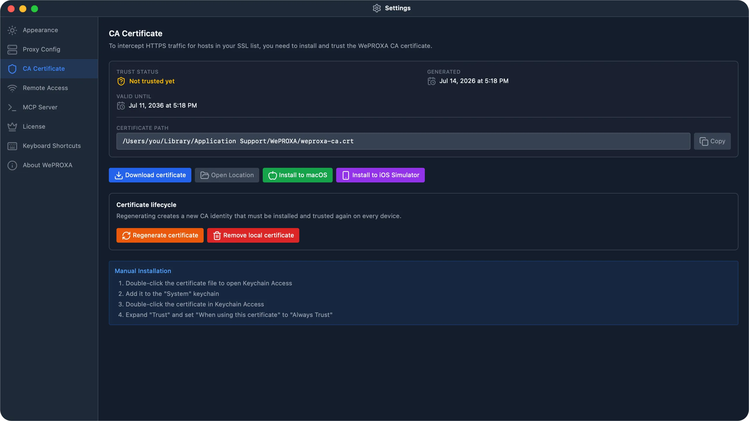 WePROXA CA Certificate settings