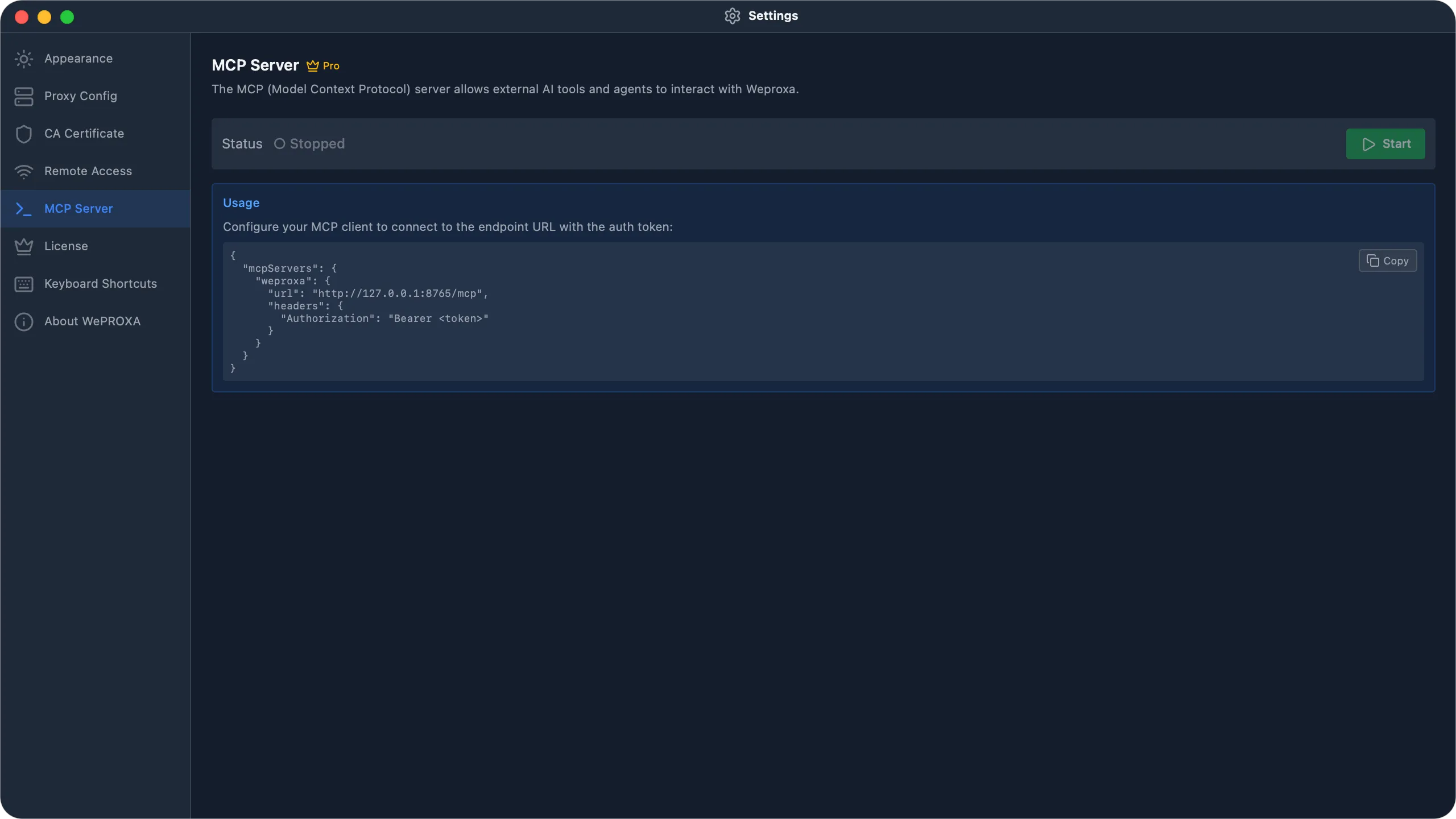 WePROXA MCP Server settings