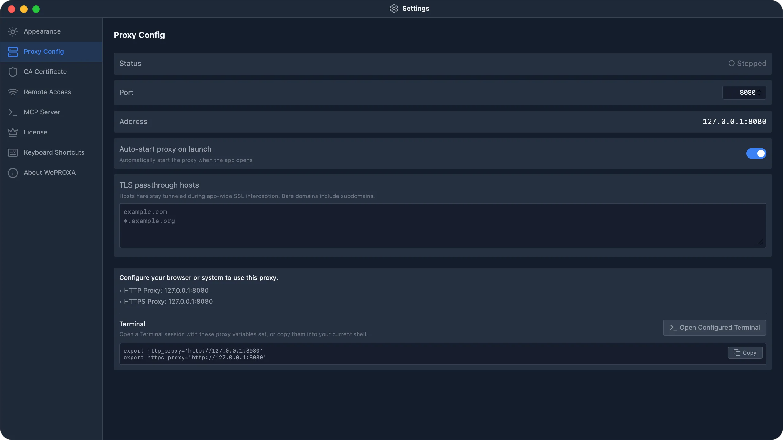 WePROXA Proxy Config settings