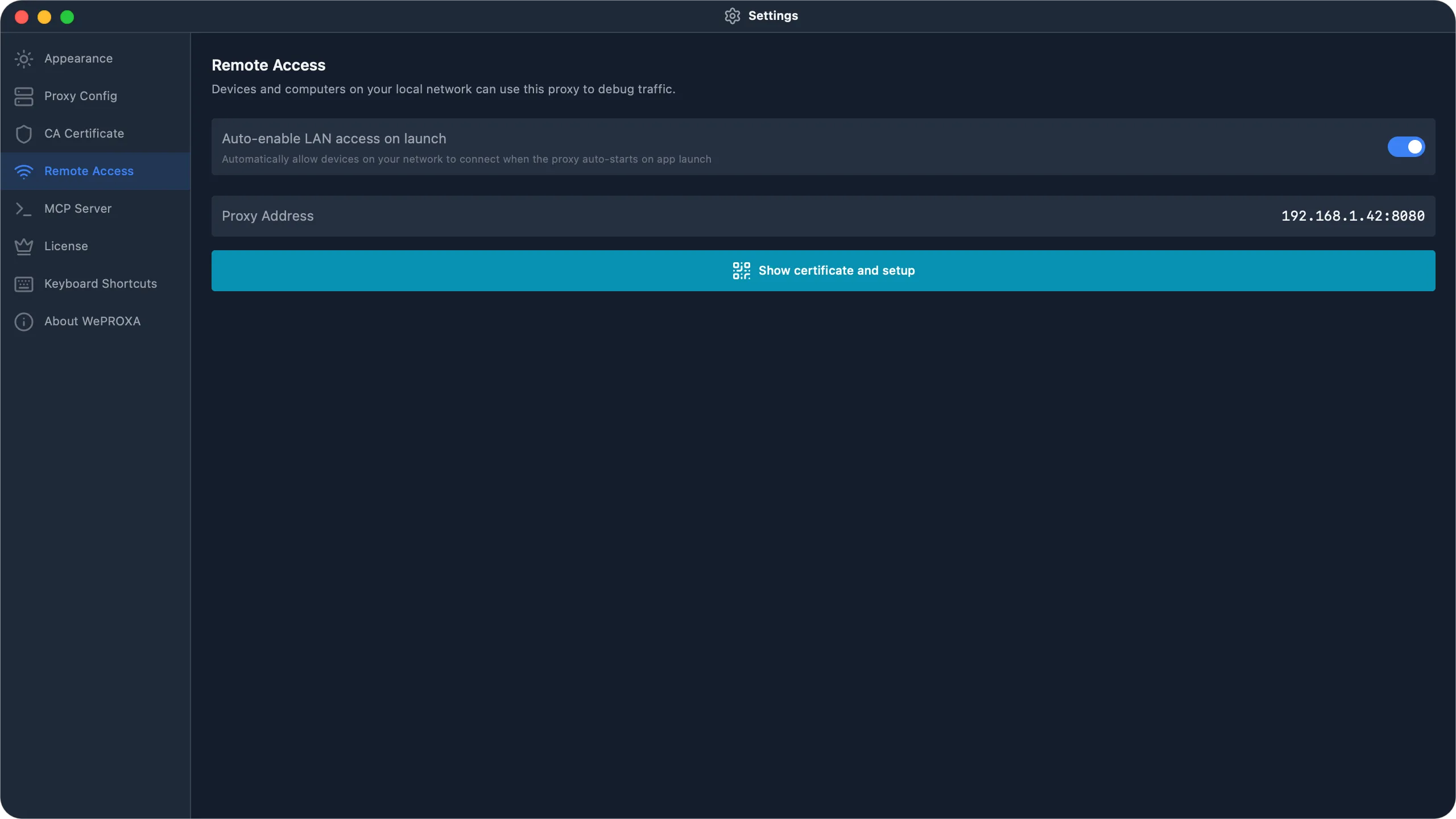 WePROXA Remote Access settings