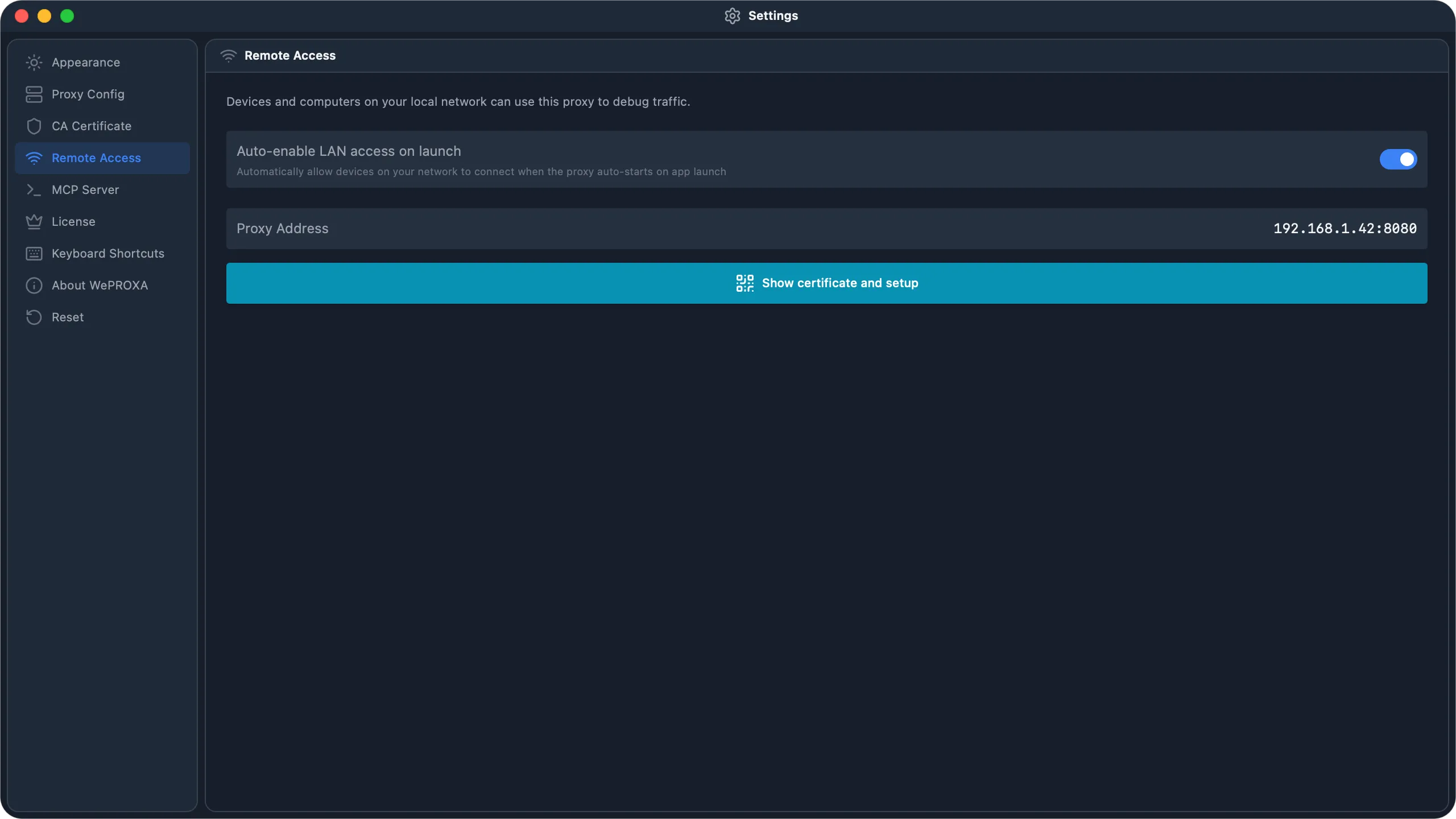 WePROXA Remote Access settings