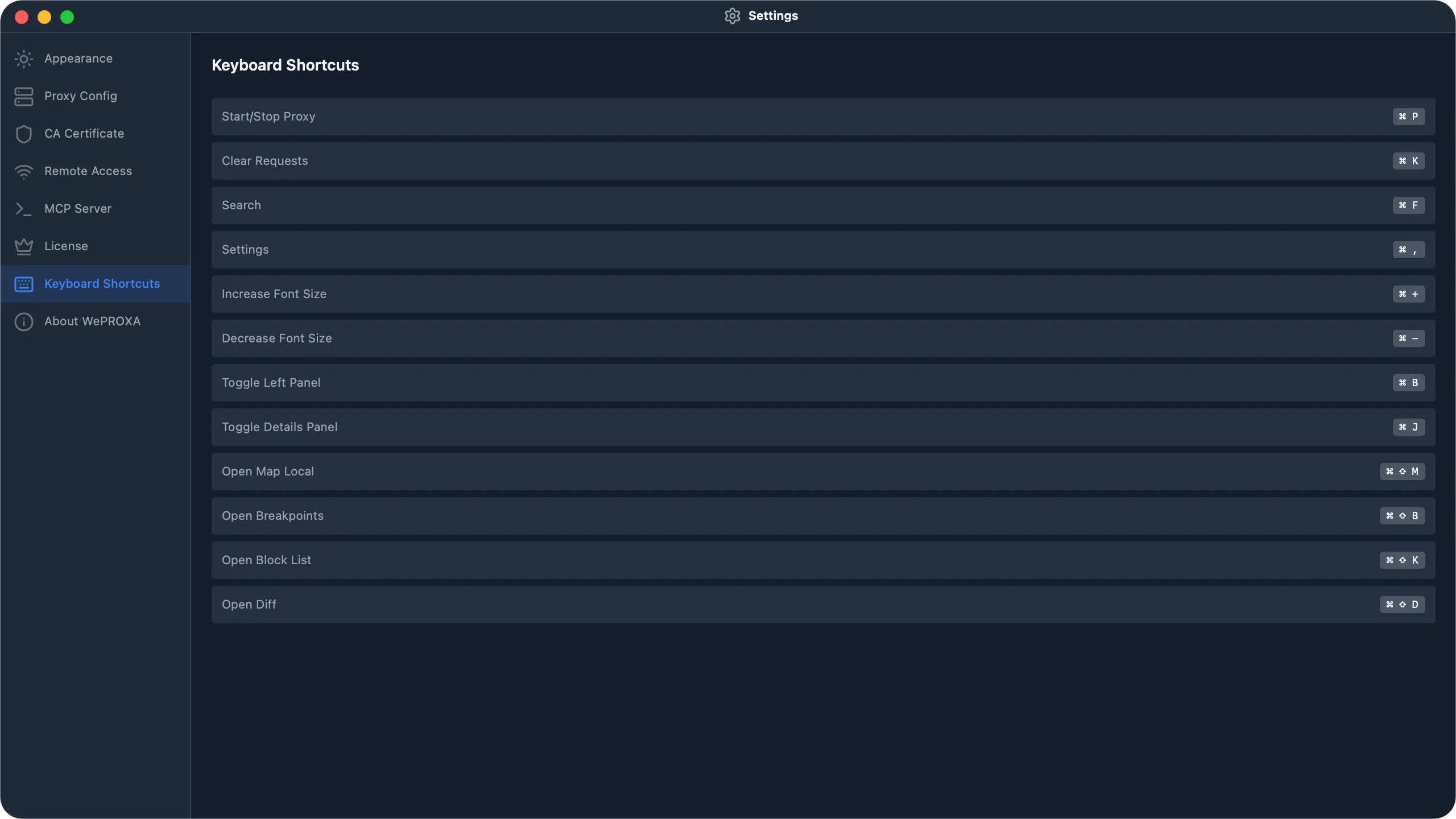 WePROXA Keyboard Shortcuts settings