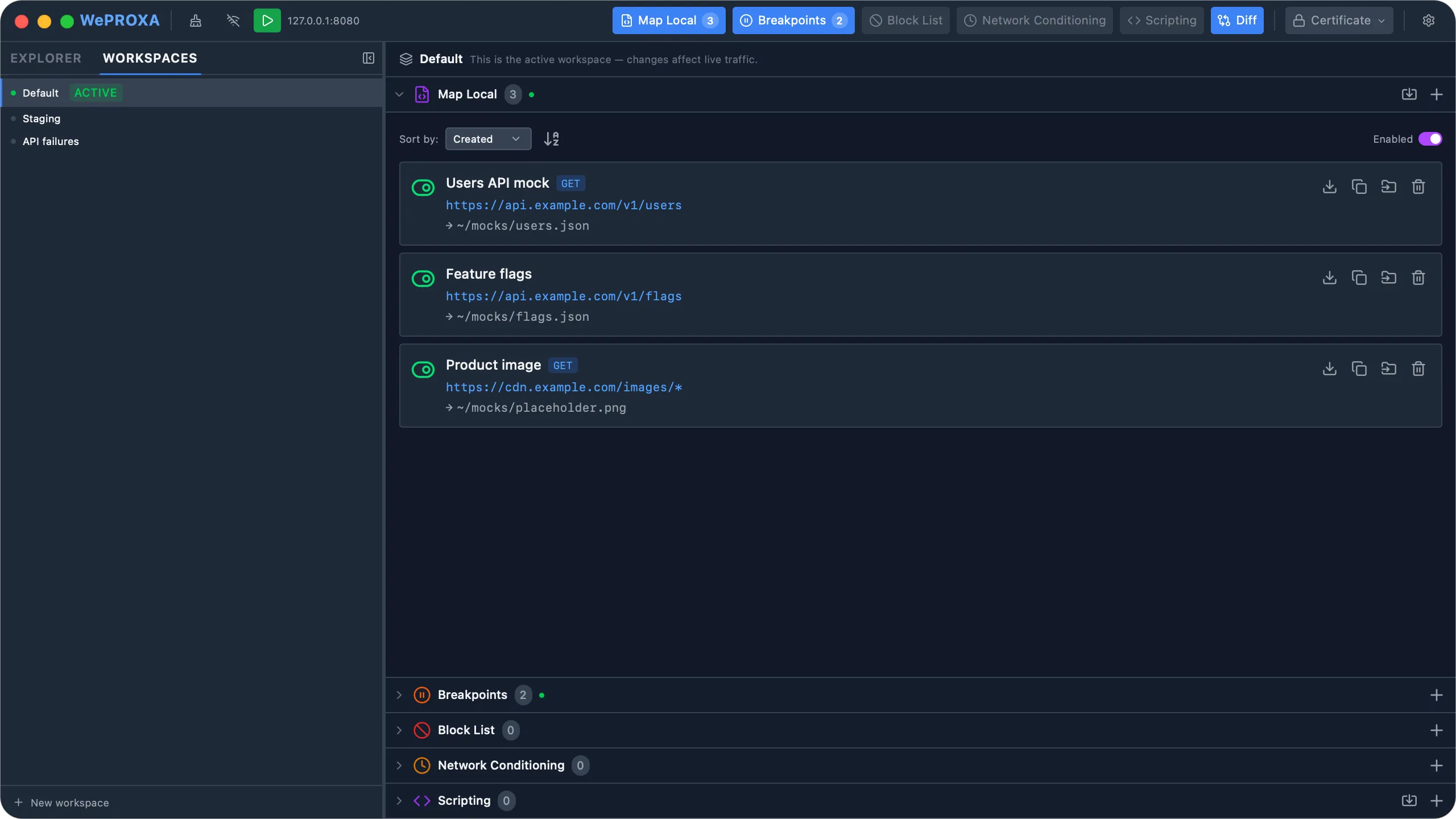 WePROXA Workspaces tab with the active workspace selected